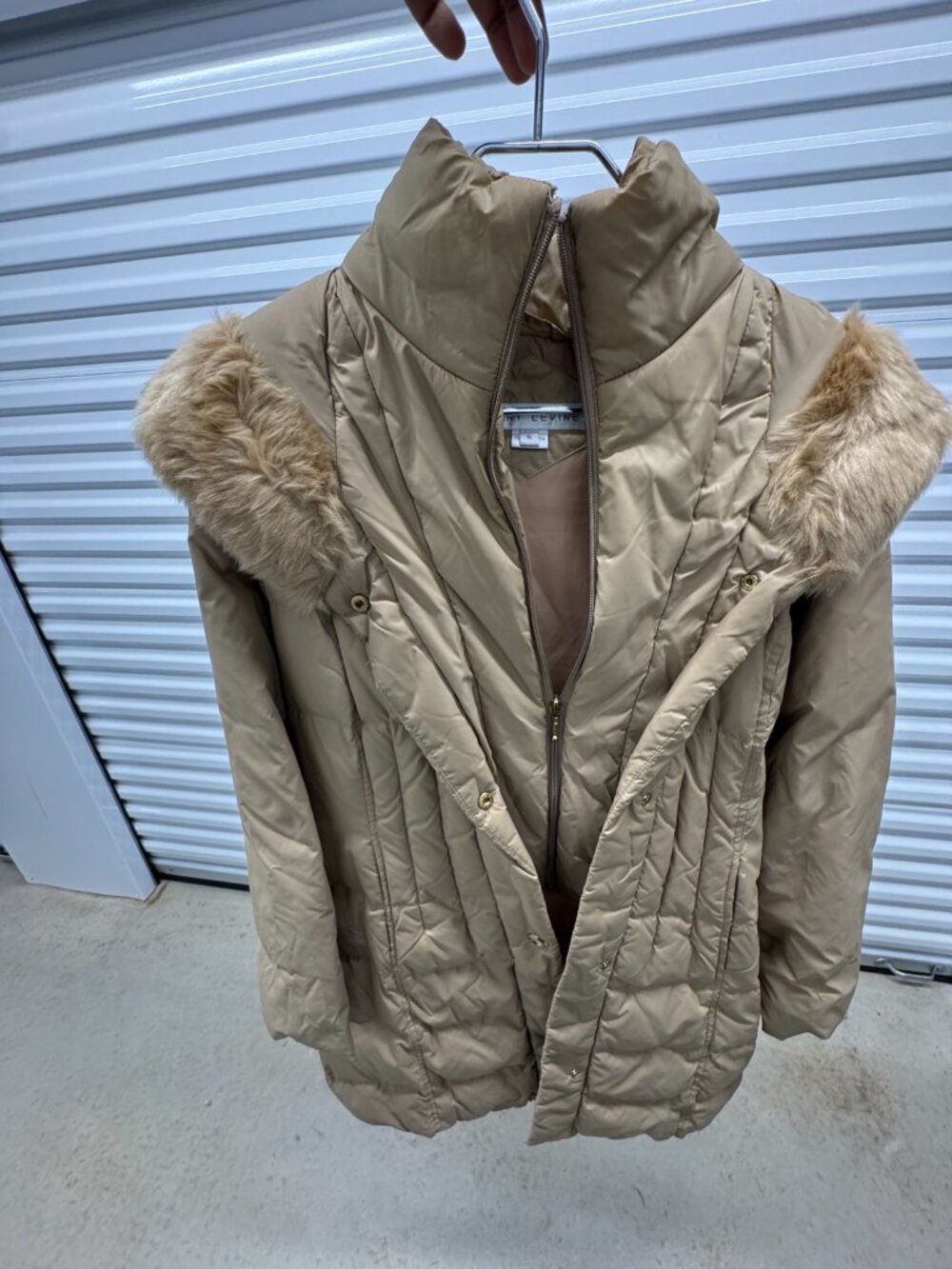 Larry Levine beige down puffer coat with faux fur hood in size S